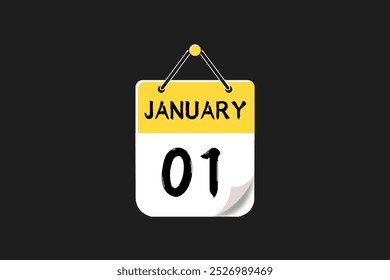 1 January calendar icon text page monthly web design on yellow, black, and white background vector, icon, or illustration with the month of January 1