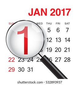 1 January calendar with magnifer. January 1 is the first day of the year in the Gregorian calendar.