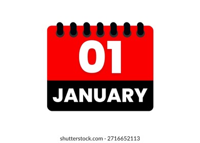 Vector de un solo día del mes de enero, ilustración, calendario con el icono de calendario de fondo rojo, negro y blanco del 1 de enero