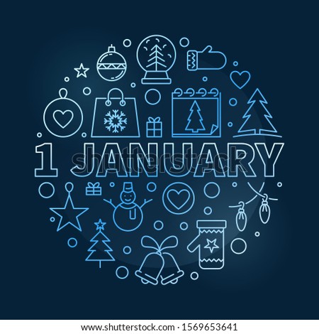 1 January vector New Year concept modern blue outline illustration on dark background