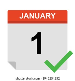 1 January Vector: Red Calendar Sign With Green Check Mark Icon.