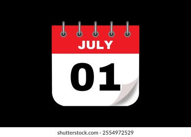 1 July calendar icon text page monthly web design on red, white and black background vector, icon, or illustration with the month of July 1