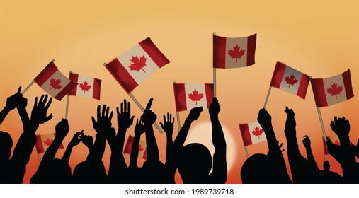 1 July Canada Day Silhouette of hands holding flags. National day of Canada celebration on first July