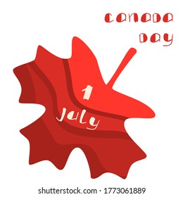 1 July day text on white isolated backdrop. Canadian red maple leaf for invitation or gift card, social banner, canadian blog, flyer. Phone case or cloth print. Cartoon style stock vector illustration
