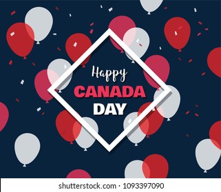 1 July. Happy Canada Day greeting card. Celebration banner with flying balloons in Canadian flag colors. Vector illustration.