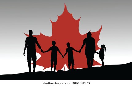 1 July Happy Canada Day and the silhouette of a family. National day for Canadian flyer and celebrate the holidays