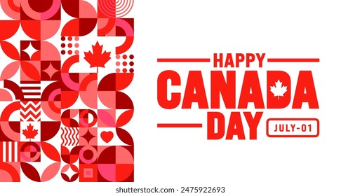 1. Juli ist Happy Canada Day geometrische Form Muster Hintergrund Vorlage mit Kanada Flagge Ahornblatt. Verwenden Sie zum Hintergrund, Banner, Plakat, Karte, Poster Design. Feiern Kanada Unabhängigkeitstag Banner.