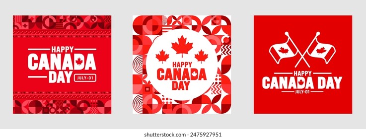 1 July is Happy Canada Day social media post banner or background design template set. with Canada flag maple leaf. celebrating Canada independence day banner bundle.