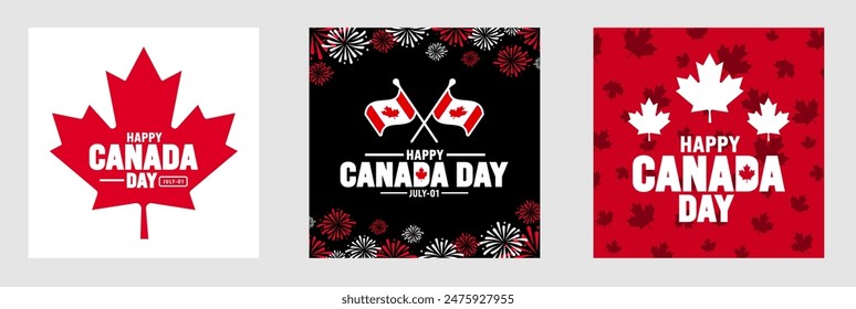 1 July is Happy Canada Day social media post banner or background design template set. with Canada flag maple leaf. celebrating Canada independence day banner bundle.