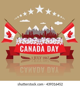 1 July Happy Canada day with Canadian waving flag silhouette of Canada and mountains. Floweres in bottom and red ribbon. Poster or Cover template design relating Canada concept