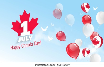 1 July. Happy Canada Day greeting card. Celebration background with flying balloons and blue sky. Vector illustration