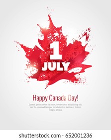 1 July. Happy Canada Day greeting card. Celebration background with maple silhouette and watercolor splatters. Vector illustration