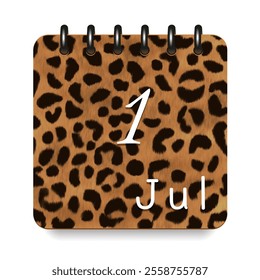 1 July. Leopard print calendar daily icon. White letters. Date day week Sunday, Monday, Tuesday, Wednesday, Thursday, Friday, Saturday.