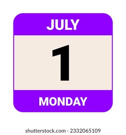 1 July, Monday. Date template. Useful design for calendar or event promotion. Vector illustration EPS 10 File. Isolated on white background. 