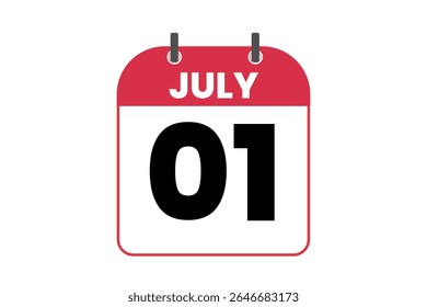1 mes de julio Vector de un solo día, ilustración, calendario con el icono de calendario de fondo rojo, negro y blanco del 1 de julio