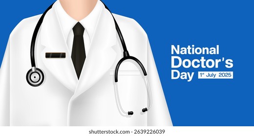 1 july is National Doctors Day. Doctor and stethoscope. Great for posters, banners and social media. Blue background.