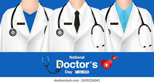 1 july is National Doctors Day. Doctors and more. Great for posters, banners and social media. Blue background.