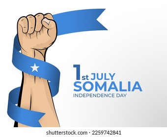 1 July. Vector illustration of Happy Independence Day greeting card for the country of Somalia with clenched fists and a flag ribbon. Use for banners on a white background.