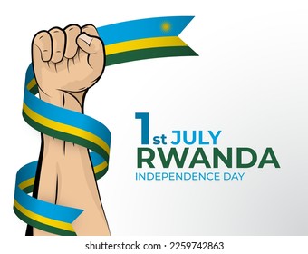 1 July. Vector illustration of Happy Independence Day greeting card for the country of Rwanda with clenched fists and a flag ribbon. Use for banners on a white background.