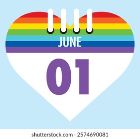 1 June calendar icon pride color heart shape on light sky blue color background, calendar vector symbol for the month of  June.