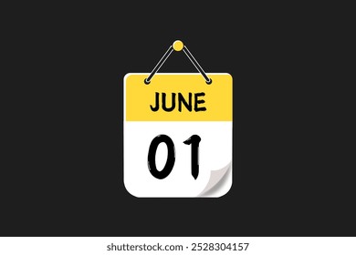1 June calendar icon text page monthly web design on yellow, red, black, and white background vector, icon, or illustration with the month of June 1