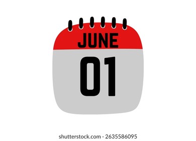 1 June calendar icon text page monthly web design on red, black and white background vector, icon, or illustration with the month of June 1