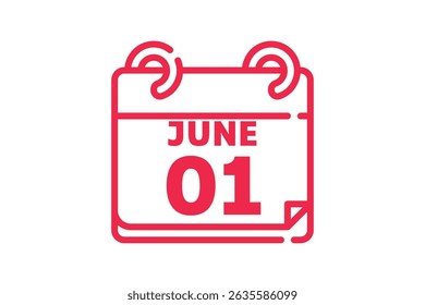 1 June calendar icon text page monthly web design on red, black and white background vector, icon, or illustration with the month of June 1