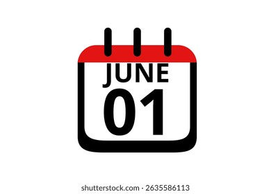 1 June calendar icon text page monthly web design on red, black and white background vector, icon, or illustration with the month of June 1