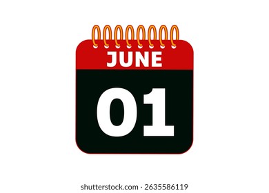 1 June calendar icon text page monthly web design on red, black and white background vector, icon, or illustration with the month of June 1