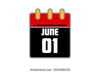 1 June calendar icon text page monthly web design on red, black and white background vector, icon, or illustration with the month of June 1