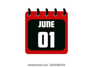 1 June calendar icon text page monthly web design on red, black and white background vector, icon, or illustration with the month of June 1