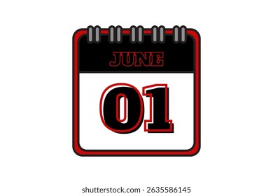 1 June calendar icon text page monthly web design on red, black and white background vector, icon, or illustration with the month of June 1