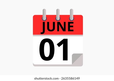 1 June calendar icon text page monthly web design on red, black and white background vector, icon, or illustration with the month of June 1