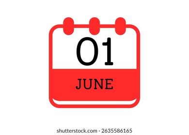1 June calendar icon text page monthly web design on red, black and white background vector, icon, or illustration with the month of June 1