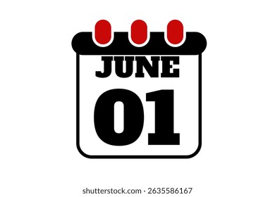 1 June calendar icon text page monthly web design on red, black and white background vector, icon, or illustration with the month of June 1
