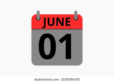 1 June calendar icon text page monthly web design on red, black and white background vector, icon, or illustration with the month of June 1