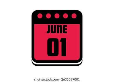 1 June calendar icon text page monthly web design on red, black and white background vector, icon, or illustration with the month of June 1