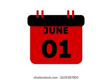1 June calendar icon text page monthly web design on red, black and white background vector, icon, or illustration with the month of June 1