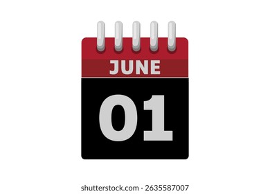 1 June calendar icon text page monthly web design on red, black and white background vector, icon, or illustration with the month of June 1