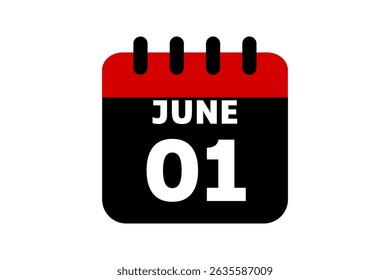1 June calendar icon text page monthly web design on red, black and white background vector, icon, or illustration with the month of June 1