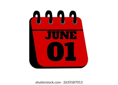 1 June calendar icon text page monthly web design on red, black and white background vector, icon, or illustration with the month of June 1