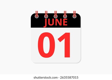 1 June calendar icon text page monthly web design on red, black and white background vector, icon, or illustration with the month of June 1