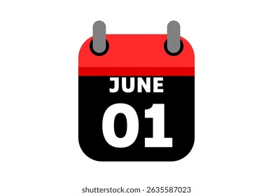 1 June calendar icon text page monthly web design on red, black and white background vector, icon, or illustration with the month of June 1