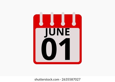 1 June calendar icon text page monthly web design on red, black and white background vector, icon, or illustration with the month of June 1