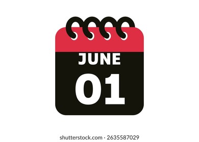1 June calendar icon text page monthly web design on red, black and white background vector, icon, or illustration with the month of June 1
