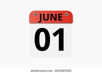 1 June calendar icon text page monthly web design on red, black and white background vector, icon, or illustration with the month of June 1
