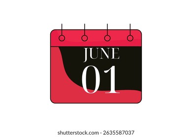 1 June calendar icon text page monthly web design on red, black and white background vector, icon, or illustration with the month of June 1