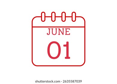 1 June calendar icon text page monthly web design on red, black and white background vector, icon, or illustration with the month of June 1