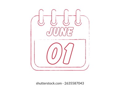 1 June calendar icon text page monthly web design on red, black and white background vector, icon, or illustration with the month of June 1
