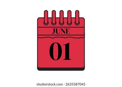 1 June calendar icon text page monthly web design on red, black and white background vector, icon, or illustration with the month of June 1